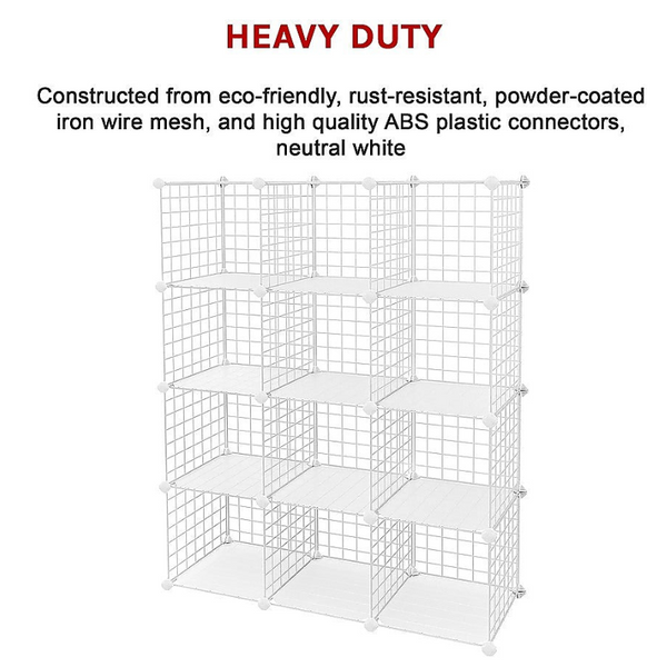 Randy & Travis Machinery 12 Cube Wire Grid Organiser Bookcase Storage Cabinet Wardrobe Closet White Bookshelves