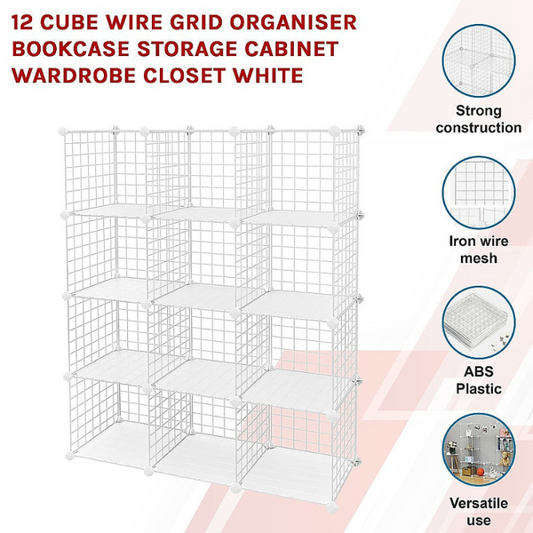 Randy & Travis Machinery 12 Cube Wire Grid Organiser Bookcase Storage Cabinet Wardrobe Closet White Bookshelves