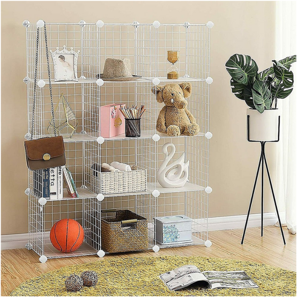 Randy & Travis Machinery 12 Cube Wire Grid Organiser Bookcase Storage Cabinet Wardrobe Closet White Bookshelves