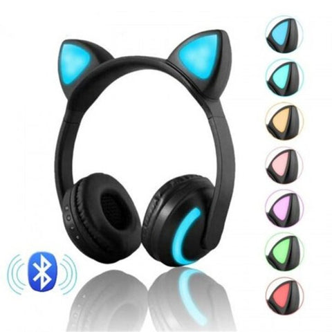 Wireless Bluetooth Stereo Gaming Headset Cat Ear Led Foldable Headphones Black