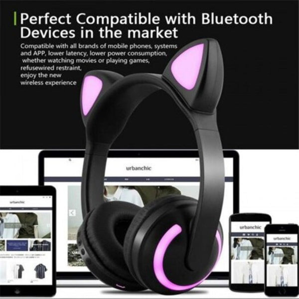 Wireless Bluetooth Stereo Gaming Headset Cat Ear Led Foldable Headphones Black Headsets