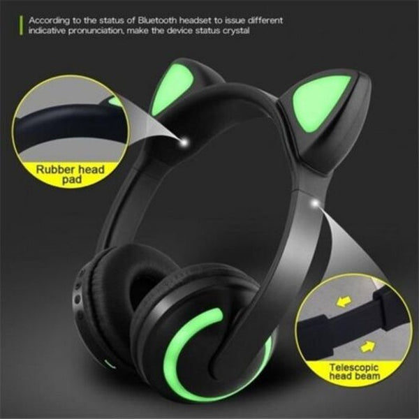 Wireless Bluetooth Stereo Gaming Headset Cat Ear Led Foldable Headphones Black Headsets