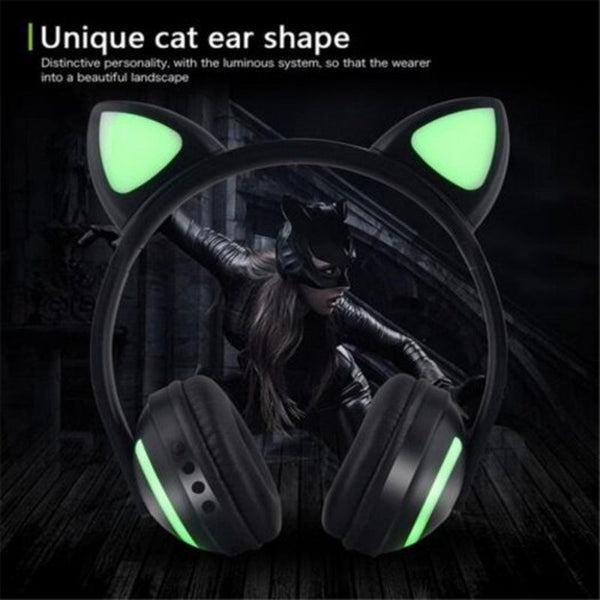 Wireless Bluetooth Stereo Gaming Headset Cat Ear Led Foldable Headphones Black Headsets