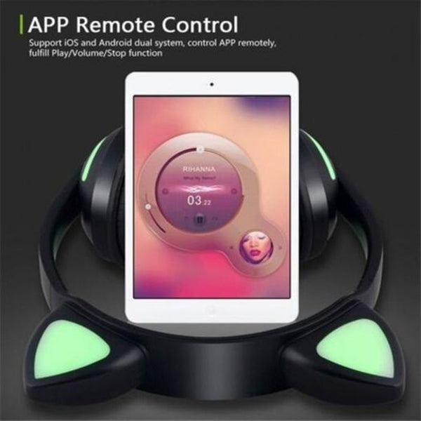 Wireless Bluetooth Stereo Gaming Headset Cat Ear Led Foldable Headphones Black Headsets