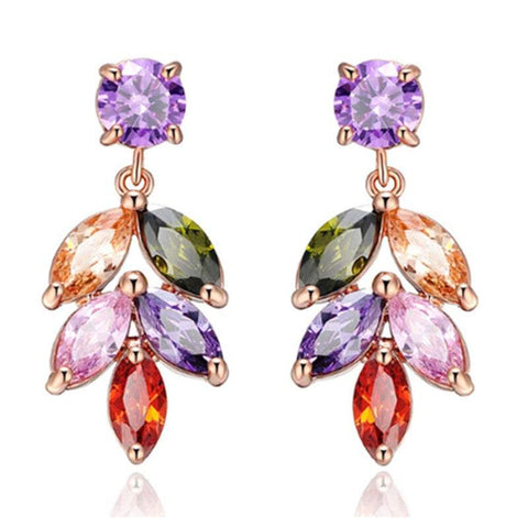 Earrings Women Gold Plated Colourful Leaf Shape Cubic Zirconia Leave
