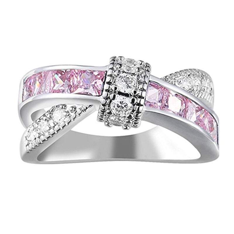 Veile Studios Sterling Silver Women Pink Cubic Zirconia Jewelry Cross Eternity Love Knot Rings
