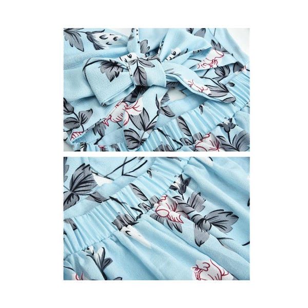 Women's  V Neck Backless Floral Print Split Maxi Party Dress Blue Dresses