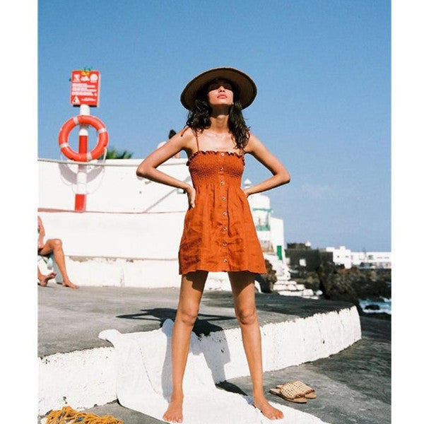 Women's Casual Summer Dress Cotton Flattering A Line Strap Midi Sundress Orange Dresses