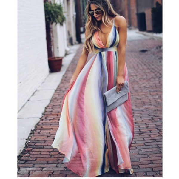 Women's Deep V Neck Backless Print Casual Party Maxi Long Dress