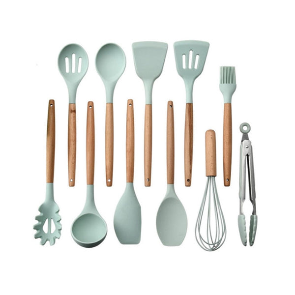1Wood Handle Silica Gel Kitchenware Non Stick Pot Spoon Shovel Set Cooking Utensils