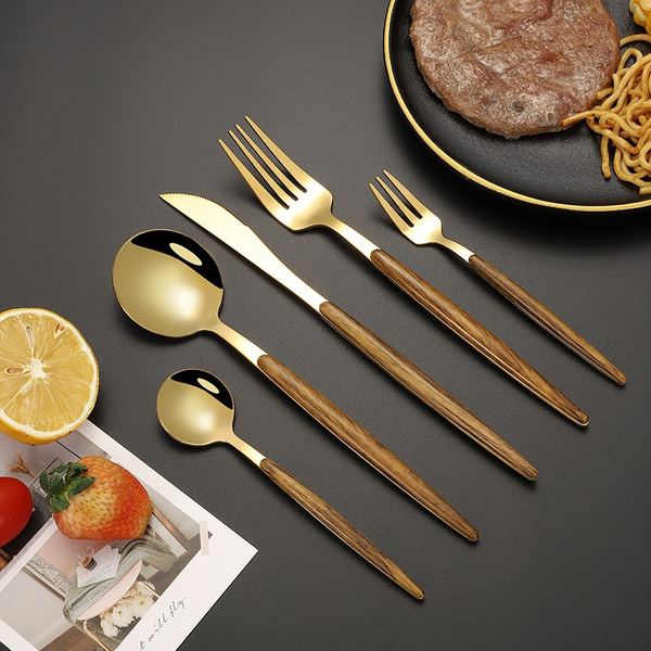Stainless Steel Gold Dinnerware Cutlery Set Wooden Handle Fork Spoon Knife
