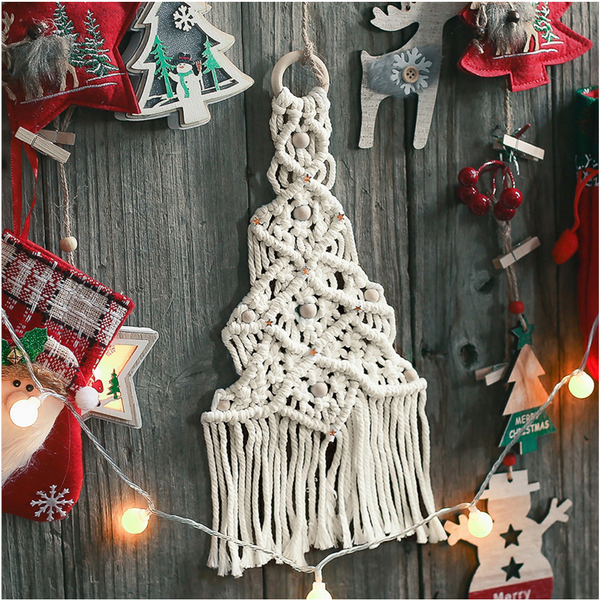 Macrame Hand-Woven Pendant Christmas Tree Shape Wall Hanging Tapestry-Beige