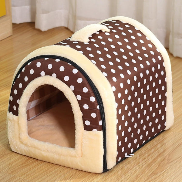 Xl Size Pet House Kennel Soft Igloo Beds Cave Cat Puppy Warm Cushion Fold Brown Dots Dog Kennels