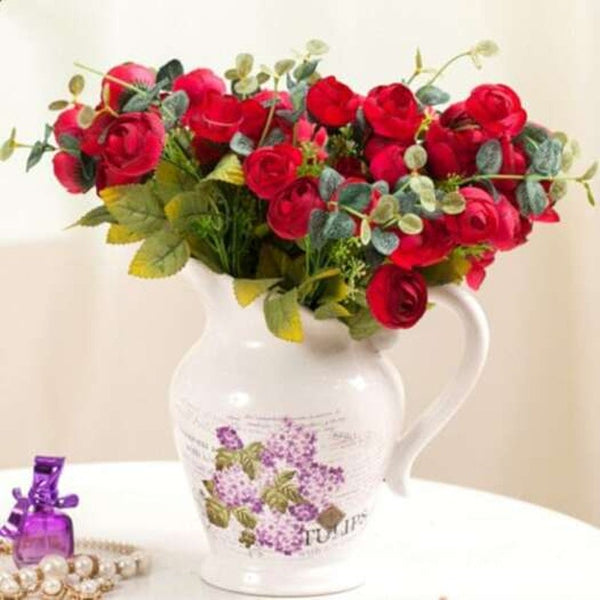 Xm1 10Heads Red Tea Rose Decoration Artificial Flowers Floral Décor