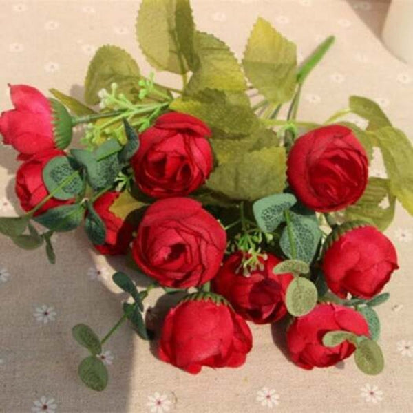 Xm1 10Heads Red Tea Rose Decoration Artificial Flowers Floral Décor
