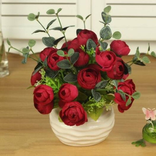 Xm1 10Heads Red Tea Rose Decoration Artificial Flowers Floral Décor