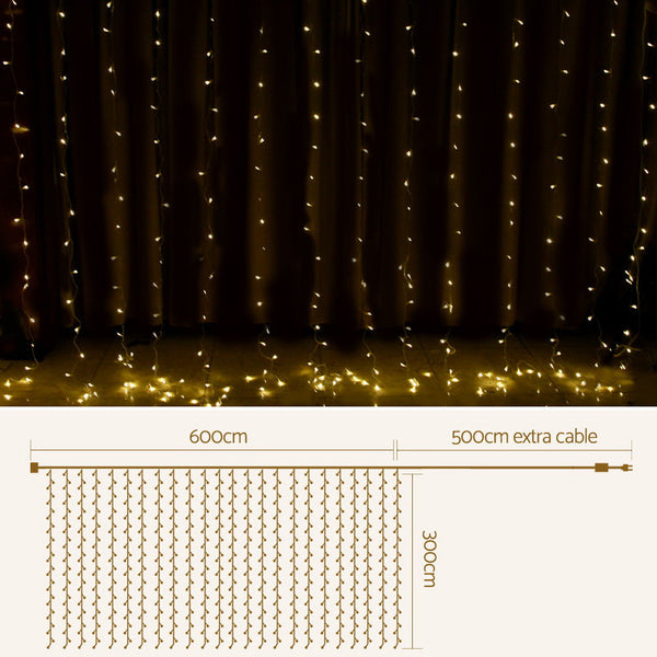 3X6m Christmas Lights Curtain Warm White 600 Led Jingle Jollys Seasonal Decorations