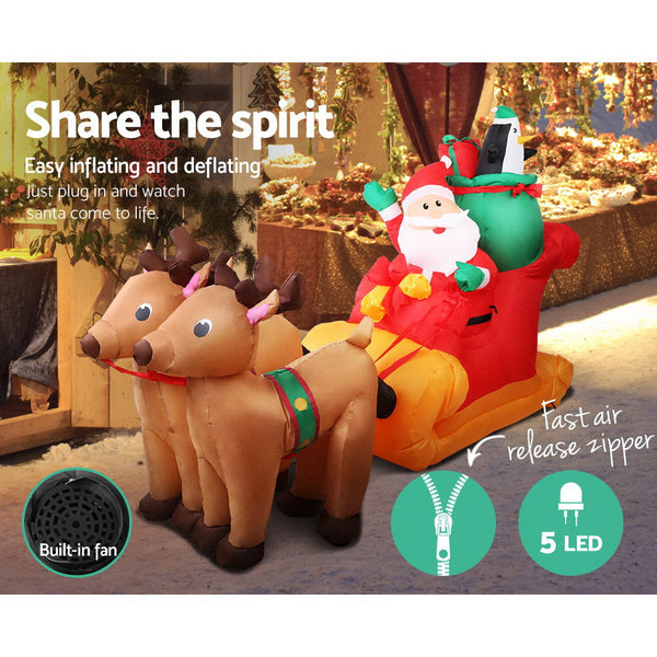 Jingle Jollys Christmas Inflatable Santa Sleigh 2.2M Outdoor Decorations Led Seasonal Decorations