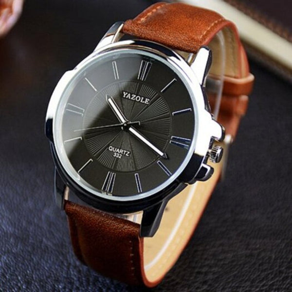 Veile Studios 332 Men Trendy Leather Band Luminous Quartz Watch Brown Black Dial Watches