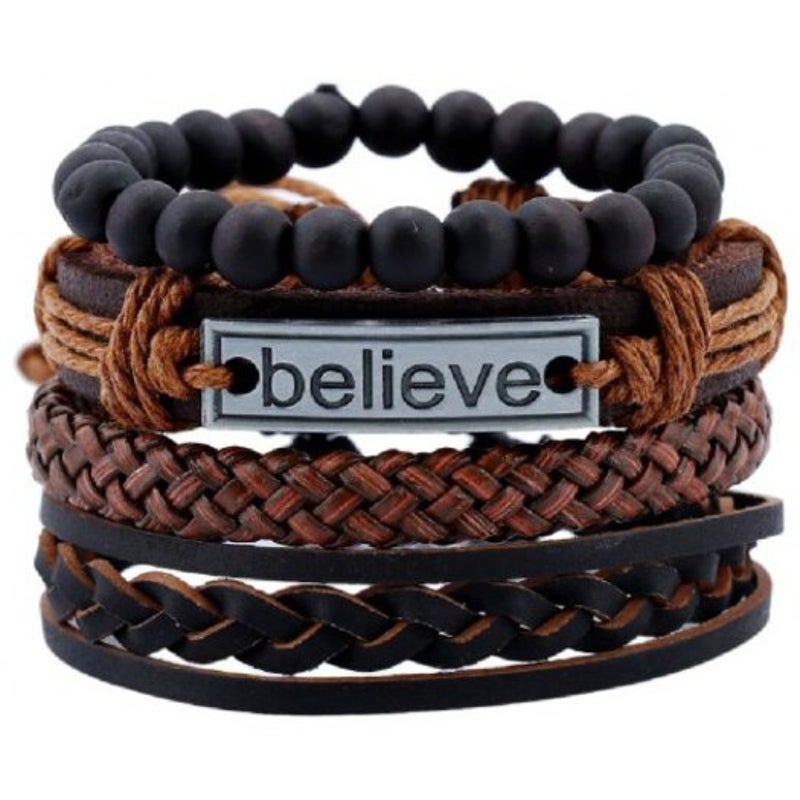 Veile Studios 4 Pieces Beads Braided Leather Believe Charm Bracelet For Men Deep Coffee Bracelets