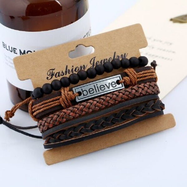 Veile Studios 4 Pieces Beads Braided Leather Believe Charm Bracelet For Men Deep Coffee Bracelets