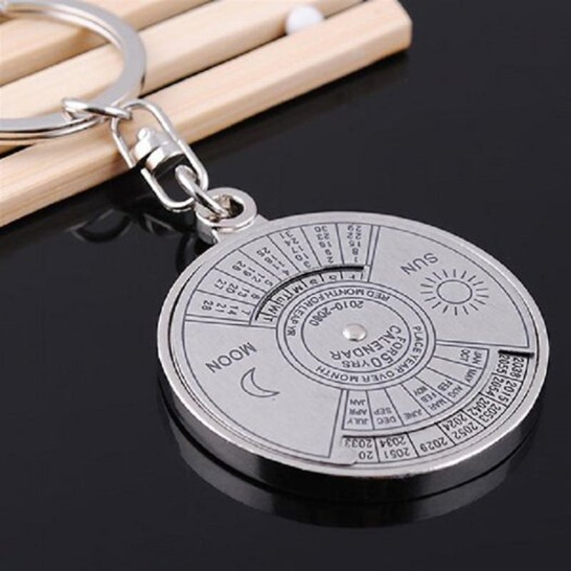 50 Years Perpetual Calendar Keychain Silver Alloy Chain Ring Keyrings