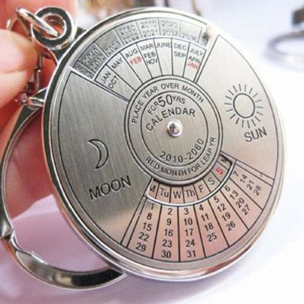 50 Years Perpetual Calendar Keyring Keychain Silver Alloy Chain Ring