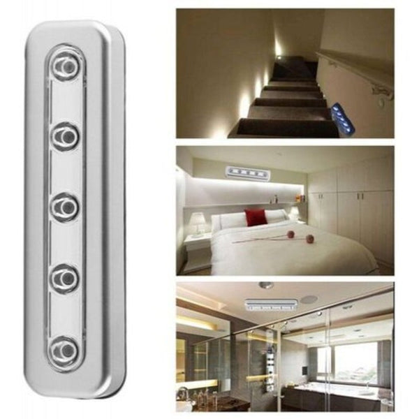 Brightness Wireless Wall 5 Led Cabinet Closet Self Stick Tap Light Silver Night Lights
