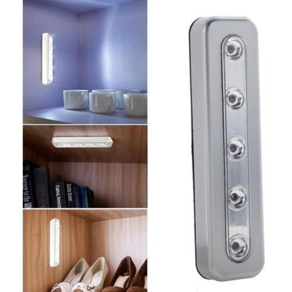 Brightness Wireless Wall 5 Led Cabinet Closet Self Stick Tap Light Silver Night Lights