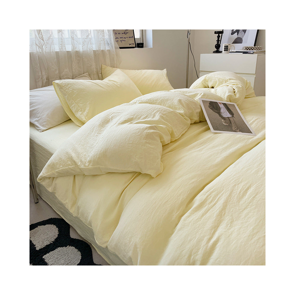 Light Yellow Solid Color 1.5M Bed Fitted Sheet Set With 200X230cm Duvet Cover 4 Piece Bedding Sheets