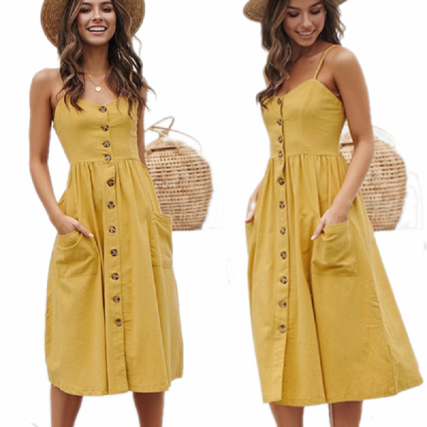 Yellow Boho Cotton Casual Midi Sundress Women Summer Dress Dresses