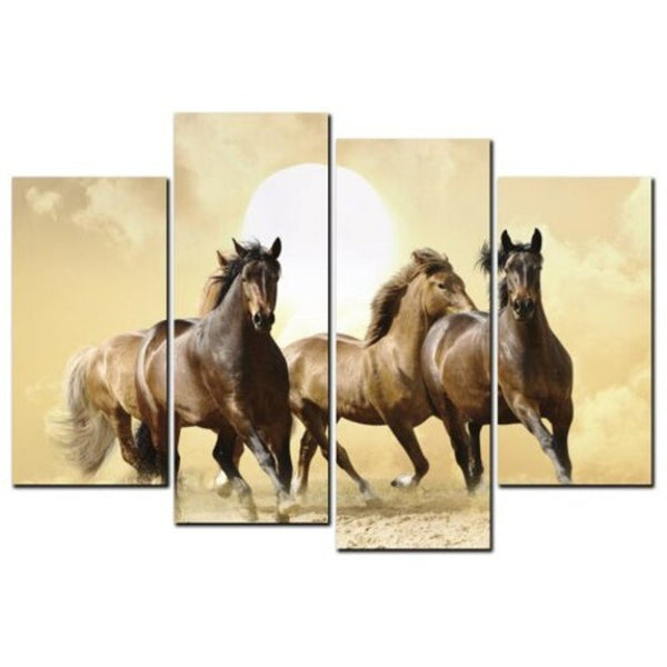 4 Panel Canvas Brown Horse Running Animal Painting Modern Home Wall Decoration Posters & Prints