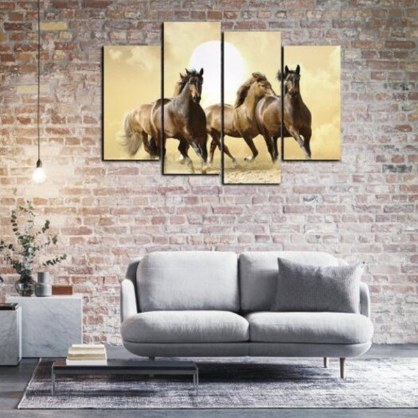 4 Panel Canvas Brown Horse Running Animal Painting Modern Home Wall Decoration Posters & Prints