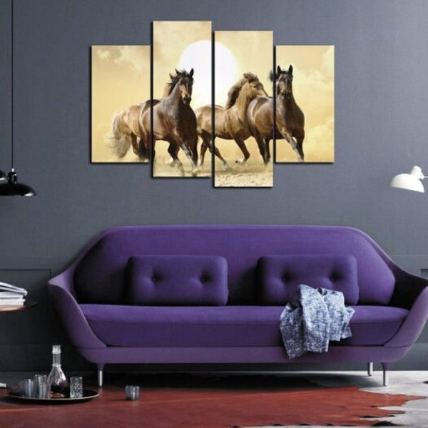 4 Panel Canvas Brown Horse Running Animal Painting Modern Home Wall Decoration Posters & Prints