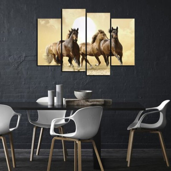 4 Panel Canvas Brown Horse Running Animal Painting Modern Home Wall Decoration Posters & Prints