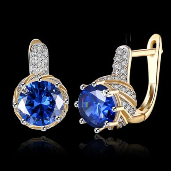 Zircon Earring Blue Round Diamond Romantic Clip Silver