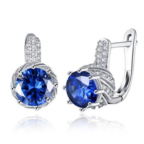 Zircon Earring Blue Round Diamond Romantic Wind Clip Silver