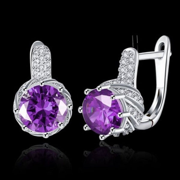 Zircon Earring Purple Round Diamond Romantic Wind Earringclip Silver