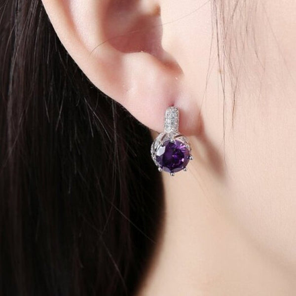 Zircon Earring Purple Round Diamond Romantic Wind Earringclip Silver
